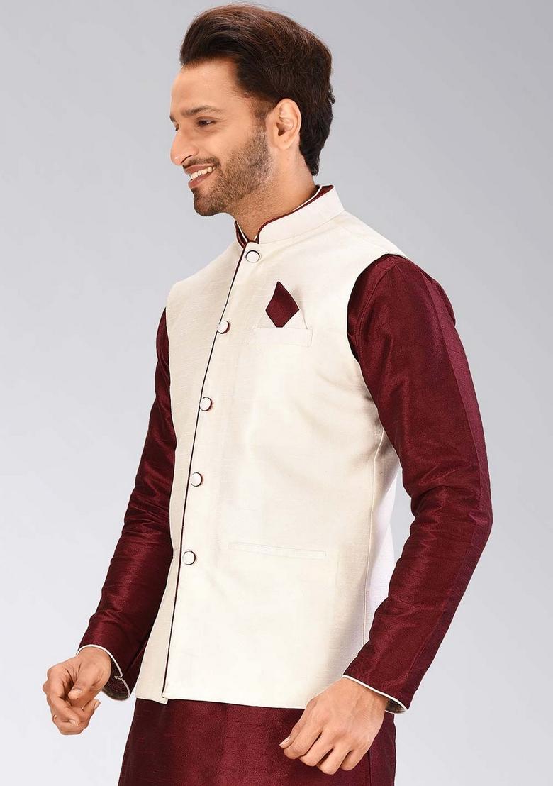 Cream Solid Art Silk Nehru Jacket For Men - Indya