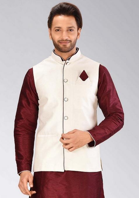 Cream Solid Art Silk Blend Nehru Jacket For Men