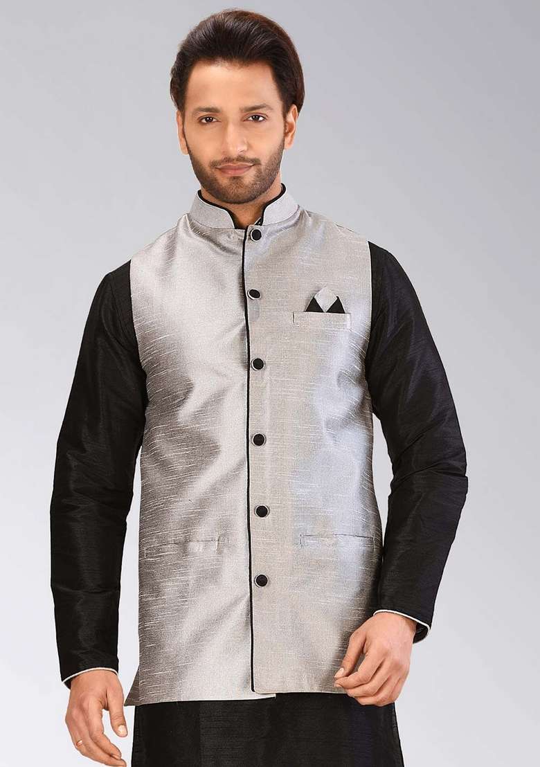 Grey Solid Art Silk Blend Nehru Jacket For Men - Indya