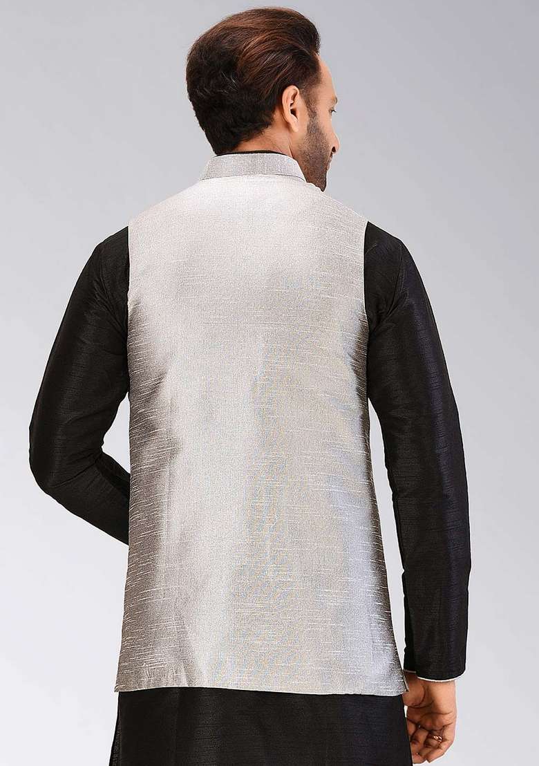 Grey Solid Art Silk Blend Nehru Jacket For Men - Indya