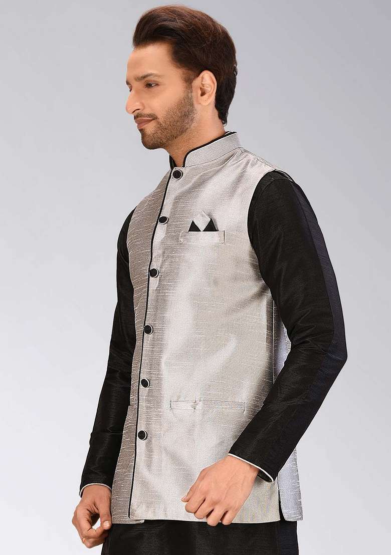 Grey Solid Art Silk Blend Nehru Jacket For Men - Indya
