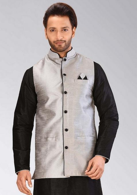 Grey Solid Art Silk Nehru Jacket For Men — view on Indya