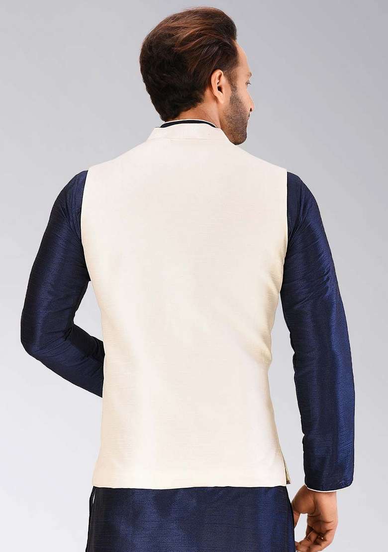 Cream Solid Art Silk Blend Nehru Jacket For Men - Indya