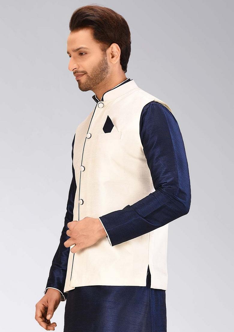 Cream Solid Art Silk Nehru Jacket For Men