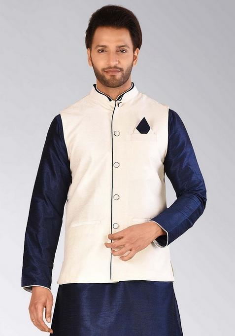 Cream Solid Art Silk Blend Nehru Jacket For Men