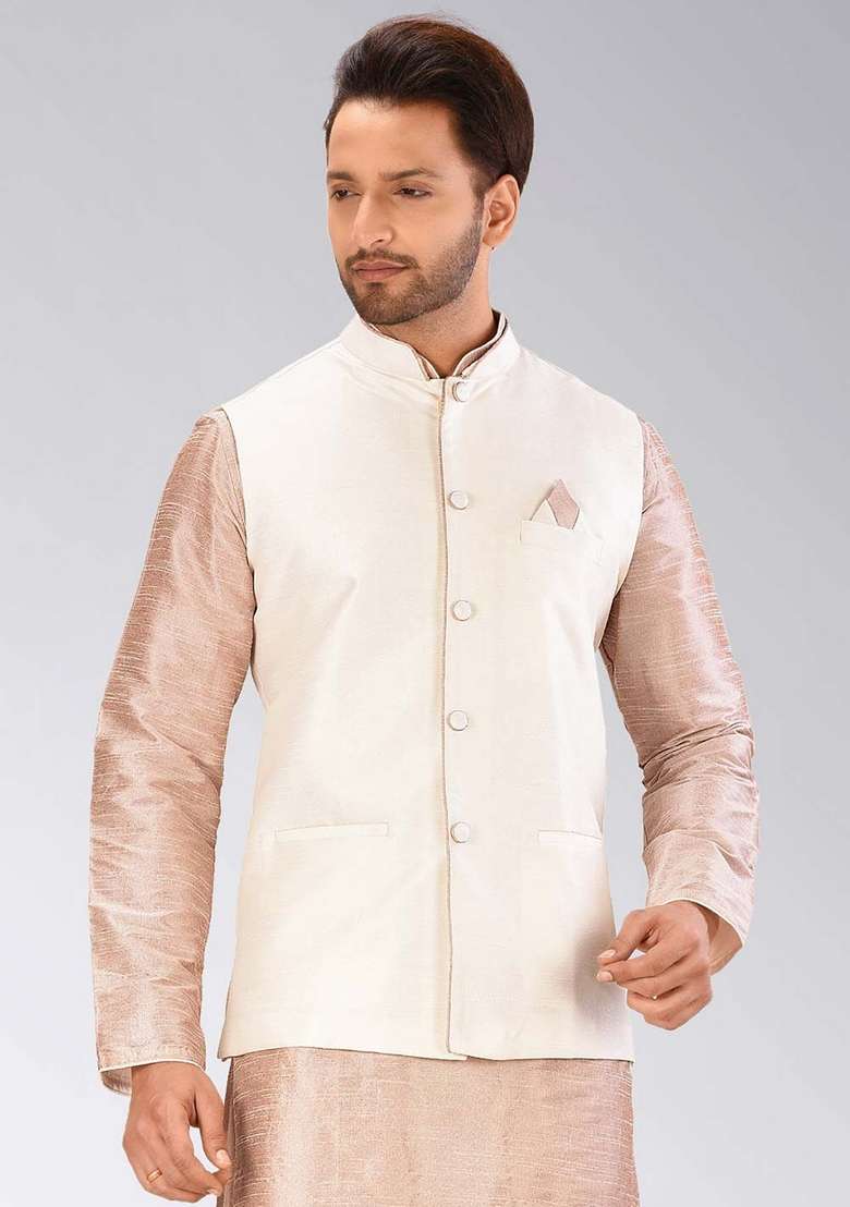 Cream Solid Art Silk Blend Nehru Jacket For Men - Indya
