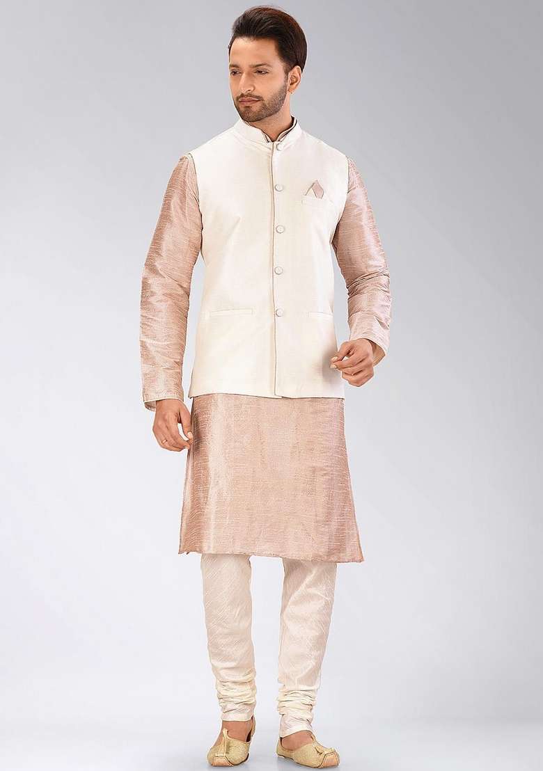 Cream Solid Art Silk Blend Nehru Jacket For Men - Indya