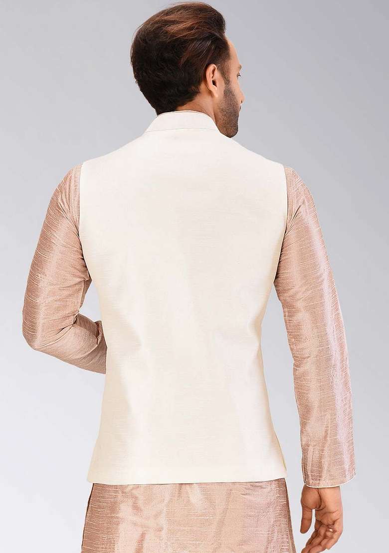 Cream Solid Art Silk Blend Nehru Jacket For Men - Indya