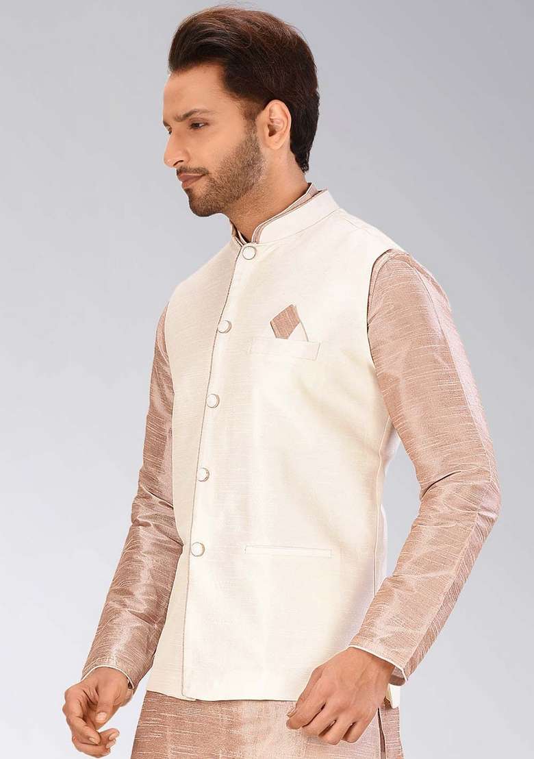 Cream Solid Art Silk Blend Nehru Jacket For Men - Indya
