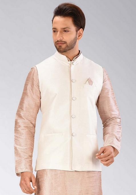 Cream Solid Art Silk Blend Nehru Jacket For Men