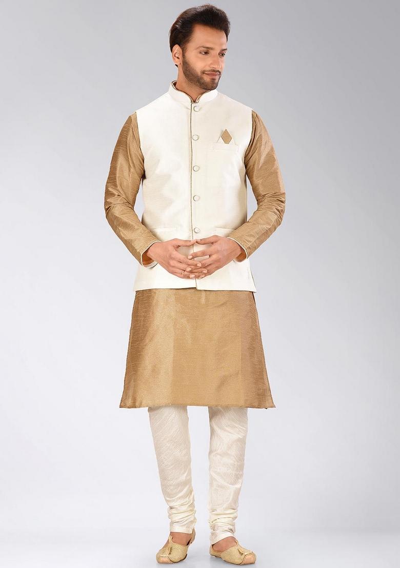 Cream Solid Art Silk Nehru Jacket For Men - Indya