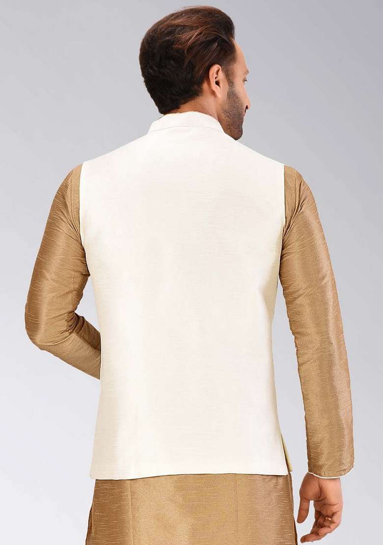 Cream Solid Art Silk Blend Nehru Jacket For Men - Indya