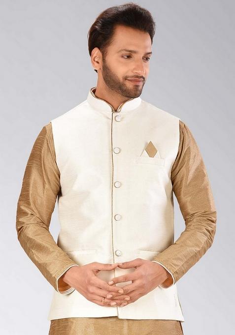 Cream Solid Art Silk Blend Nehru Jacket For Men