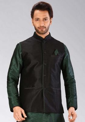 Black Solid Art Silk Nehru Jacket For Men