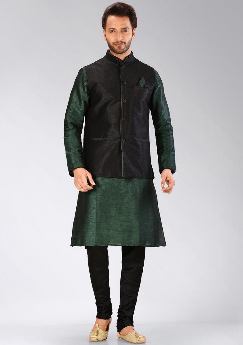 Black Solid Art Silk Nehru Jacket For Men - Indya