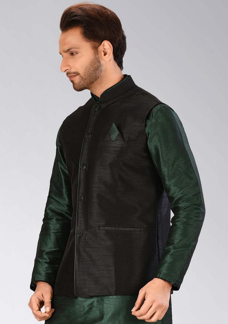 Black Solid Art Silk Nehru Jacket For Men - Indya