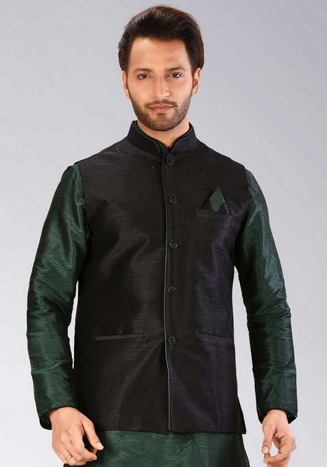 Black Solid Art Silk Blend Nehru Jacket For Men