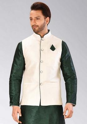 Cream Solid Art Silk Nehru Jacket For Men