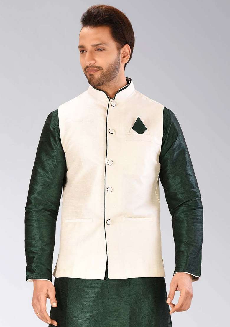Cream Solid Art Silk Blend Nehru Jacket For Men - Indya