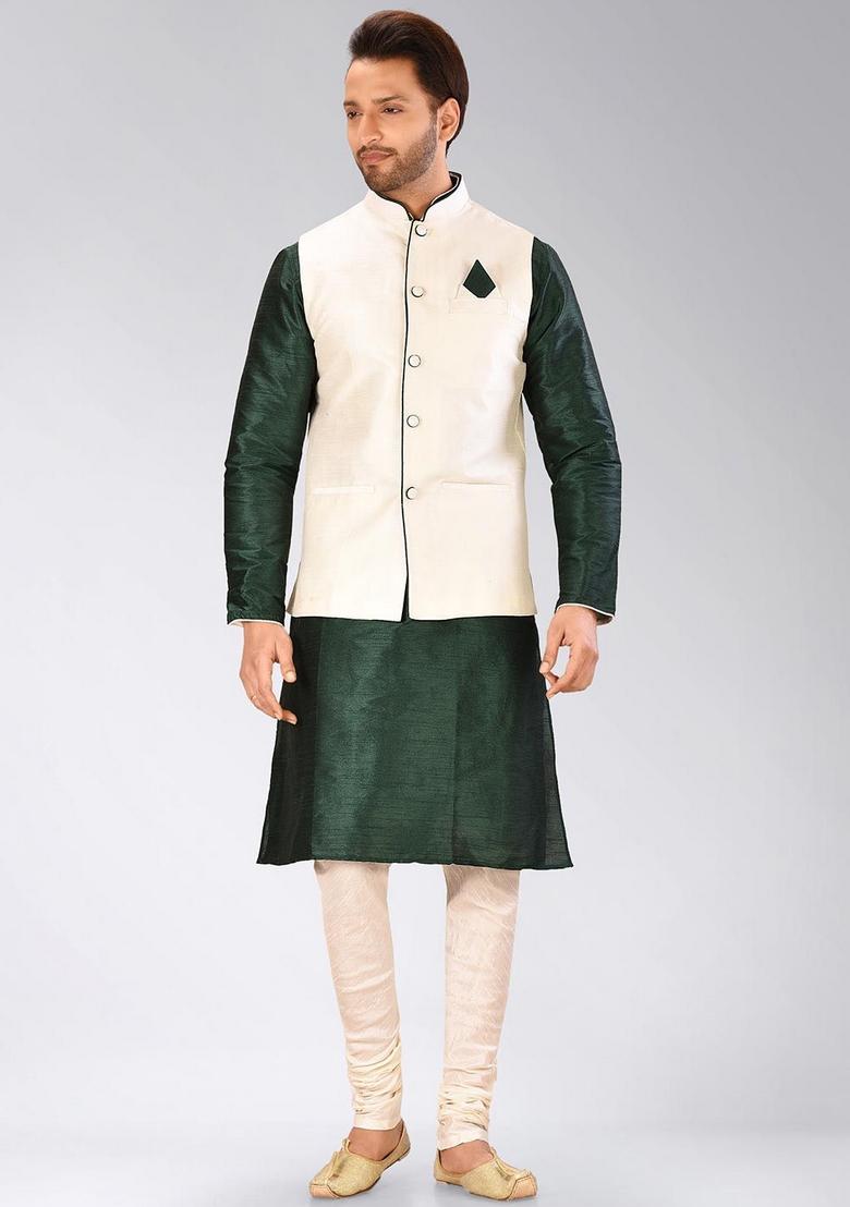 Cream Solid Art Silk Nehru Jacket For Men - Indya
