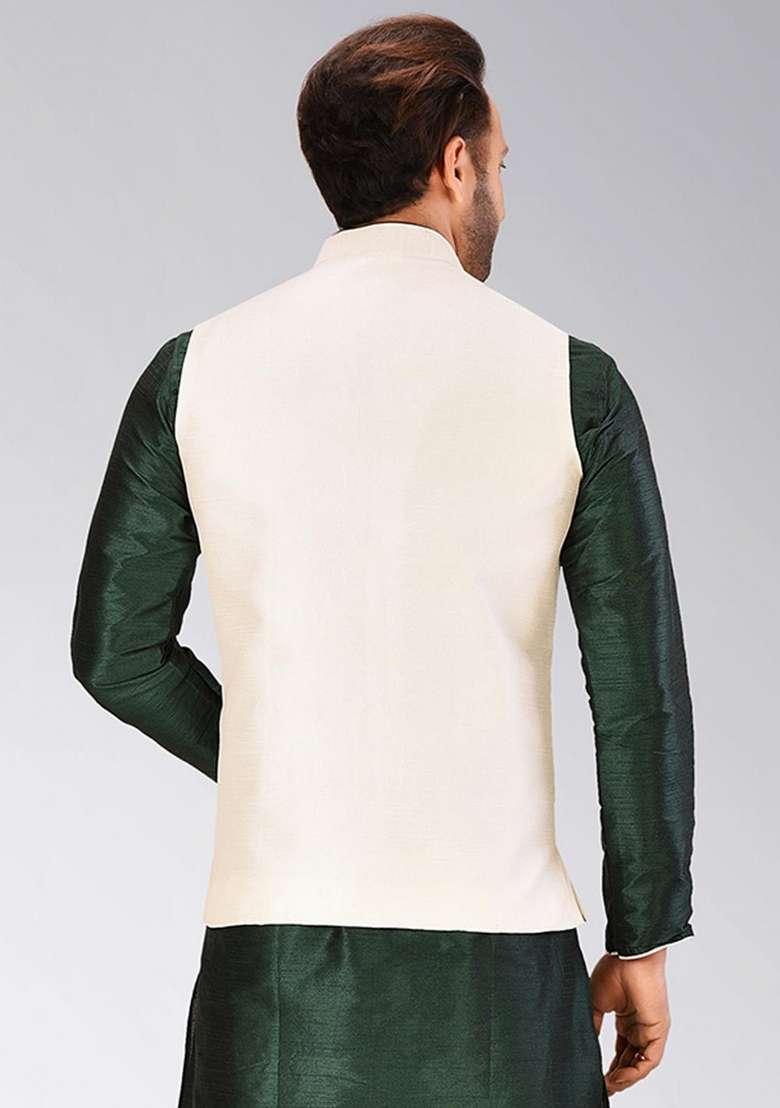 Cream Solid Art Silk Blend Nehru Jacket For Men - Indya