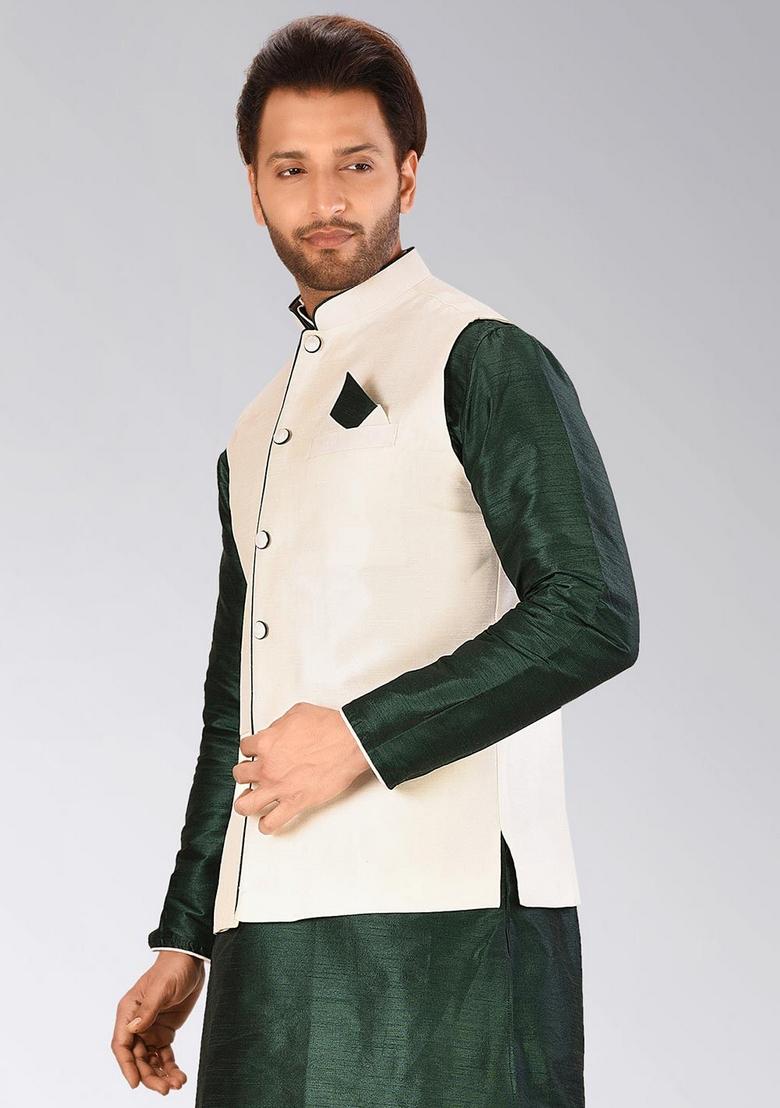 Cream Solid Art Silk Nehru Jacket For Men - Indya