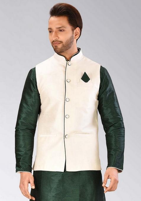 Cream Solid Art Silk Nehru Jacket For Men — view on Indya