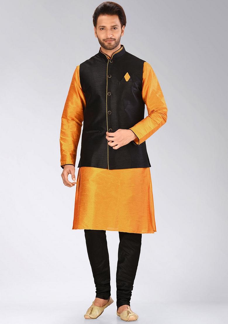 Black Solid Art Silk Nehru Jacket For Men - Indya