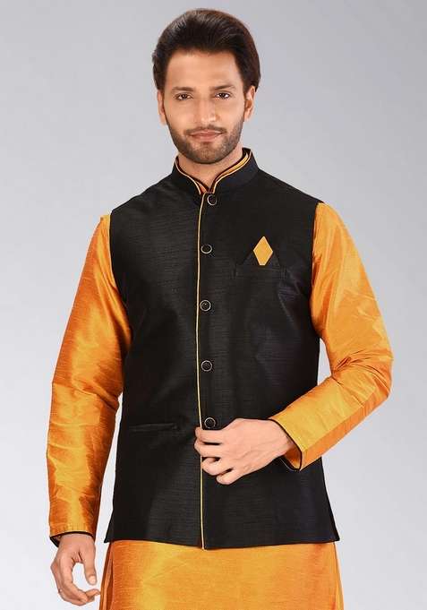 Black Solid Art Silk Blend Nehru Jacket For Men