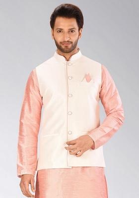 Cream Solid Art Silk Nehru Jacket For Men