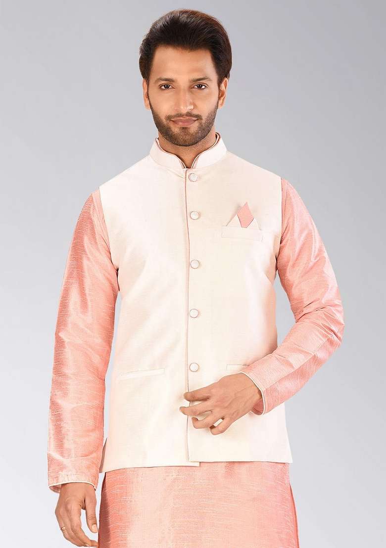 Cream Solid Art Silk Blend Nehru Jacket For Men - Indya