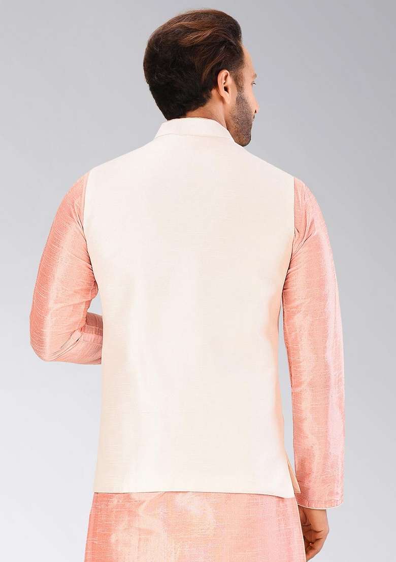 Cream Solid Art Silk Blend Nehru Jacket For Men - Indya