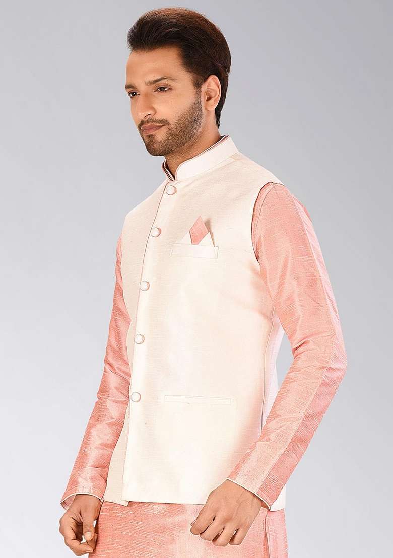 Cream Solid Art Silk Blend Nehru Jacket For Men - Indya