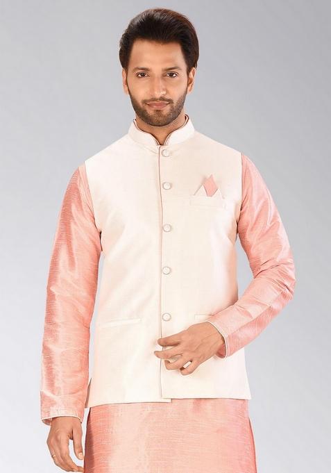Cream Solid Art Silk Blend Nehru Jacket For Men