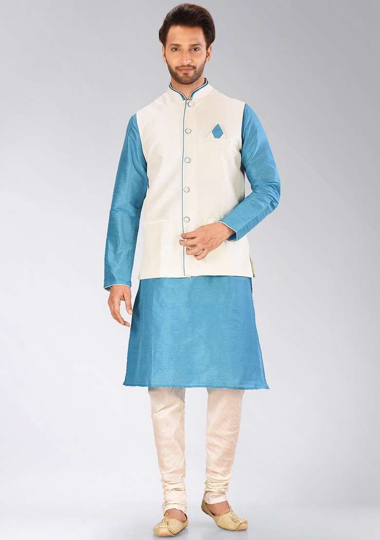Cream Solid Art Silk Blend Nehru Jacket For Men - Indya