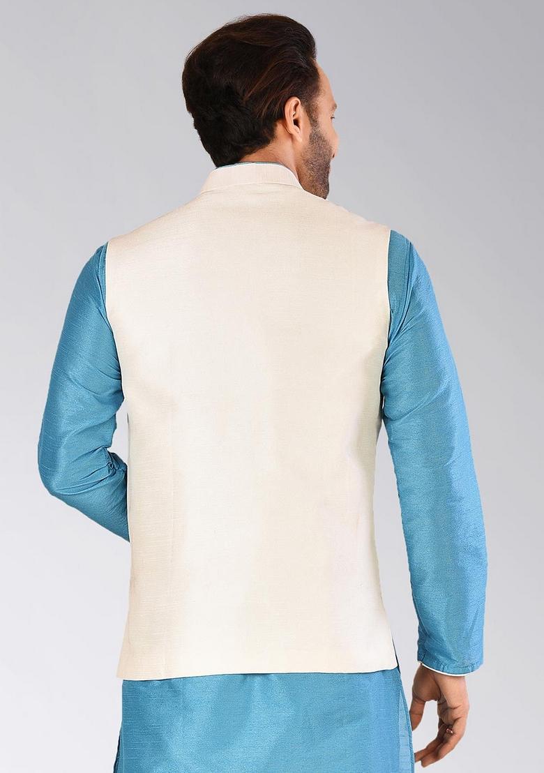 Cream Solid Art Silk Nehru Jacket For Men - Indya