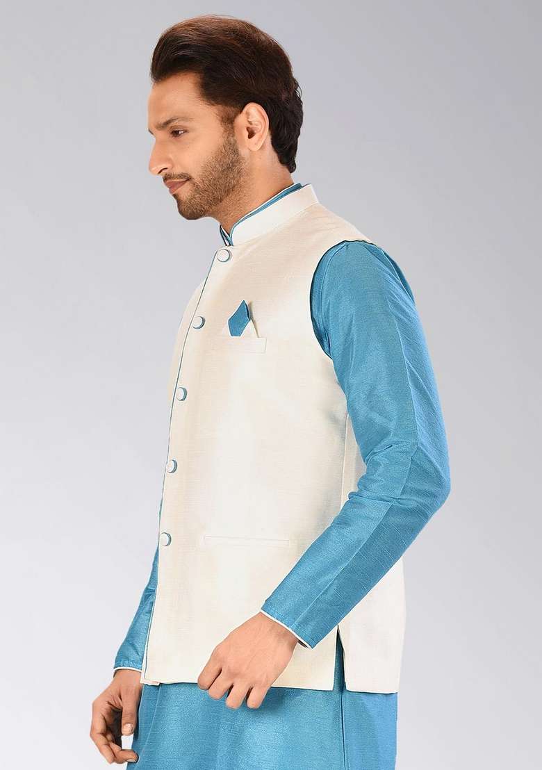 Cream Solid Art Silk Blend Nehru Jacket For Men - Indya