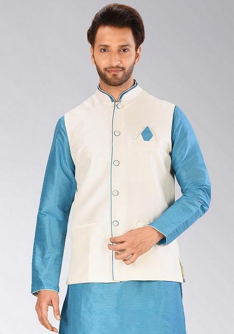Cream Solid Art Silk Blend Nehru Jacket For Men