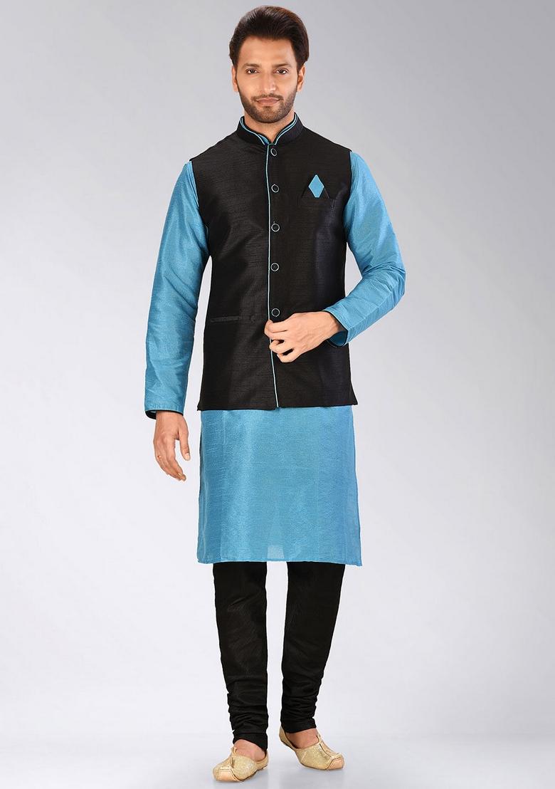 Black Solid Art Silk Nehru Jacket For Men - Indya