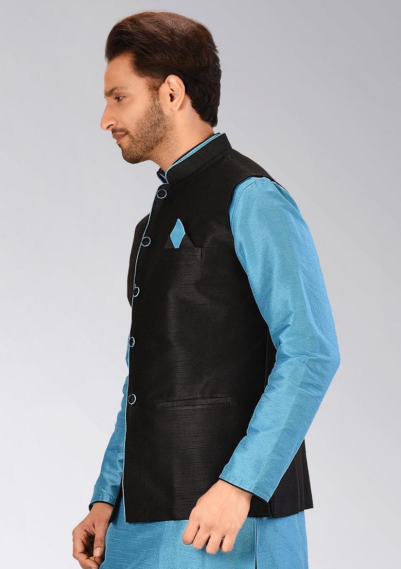 Black Solid Art Silk Nehru Jacket For Men - Indya