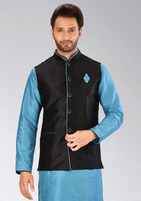 Black Solid Art Silk Nehru Jacket For Men — view on Indya