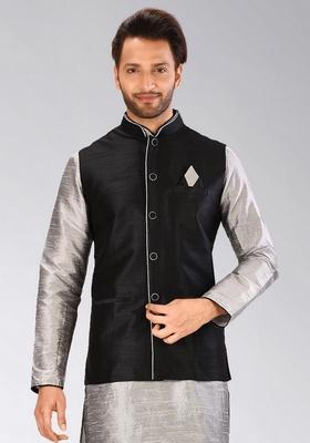 Black Solid Art Silk Nehru Jacket For Men
