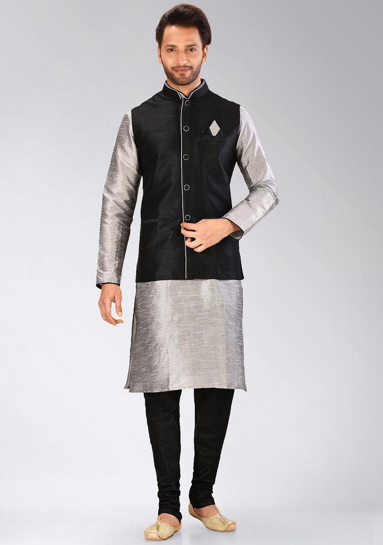 Black Solid Art Silk Nehru Jacket For Men - Indya