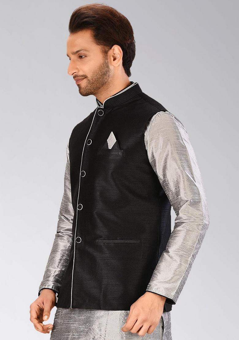 Black Solid Art Silk Nehru Jacket For Men - Indya