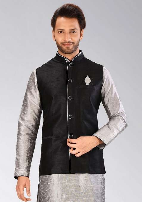 Black Solid Art Silk Blend Nehru Jacket For Men