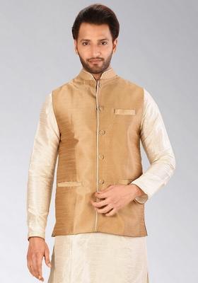 Chikoo Brown Solid Art Silk Nehru Jacket For Men