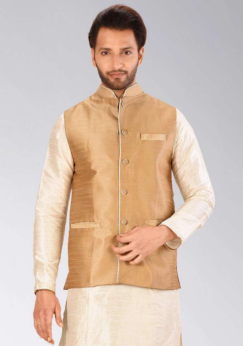 Chikoo Brown Solid Art Silk Blend Nehru Jacket For Men - Indya