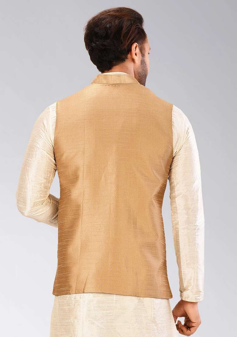 Chikoo Brown Solid Art Silk Blend Nehru Jacket For Men - Indya