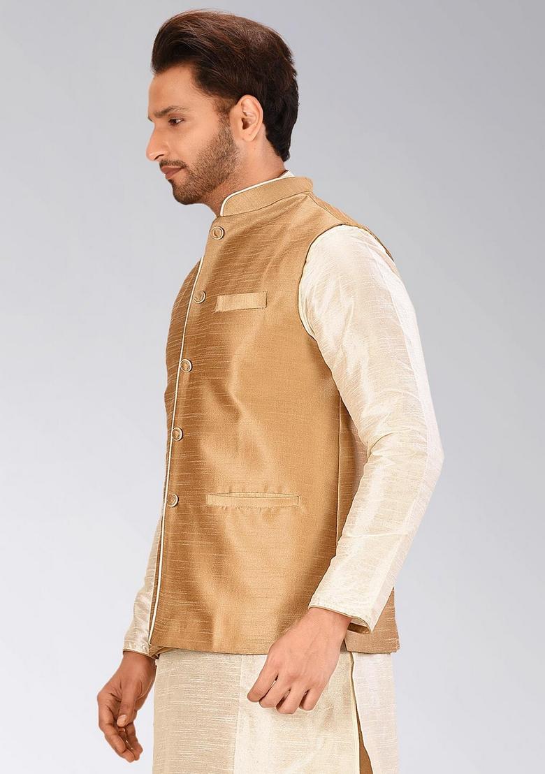 Chikoo Brown Solid Art Silk Nehru Jacket For Men - Indya