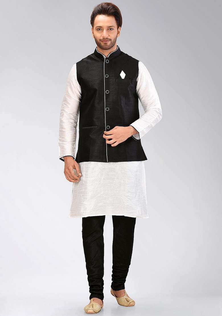 White Solid Art Silk Blend Nehru Jackets Set For Men - Indya